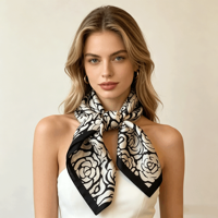 Elégant foulard carré de luxe en soie de mûrier noir blanc rose 100% imprimé personnalisé 70x70cm motif floral détaillé bordure raffinée
