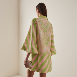 Vestido Mini Tipo Túnica con Estampado Floral Tropical de Rayas Rosa y Verde, Cuello Alto, Manga Campana, Ribete de Encaje, Holgado, para Vacaciones, para Mujer - Product Image 3