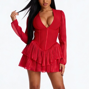 เดรสคอร์เซ็ทไซส์ใหญ่สำหรับผู้หญิง คอวี แขนยาว ผ้าบางเบา แต่งระบายชายกระโปรง ชุดเดรสออกงานแฟชั่น - Product Image 2