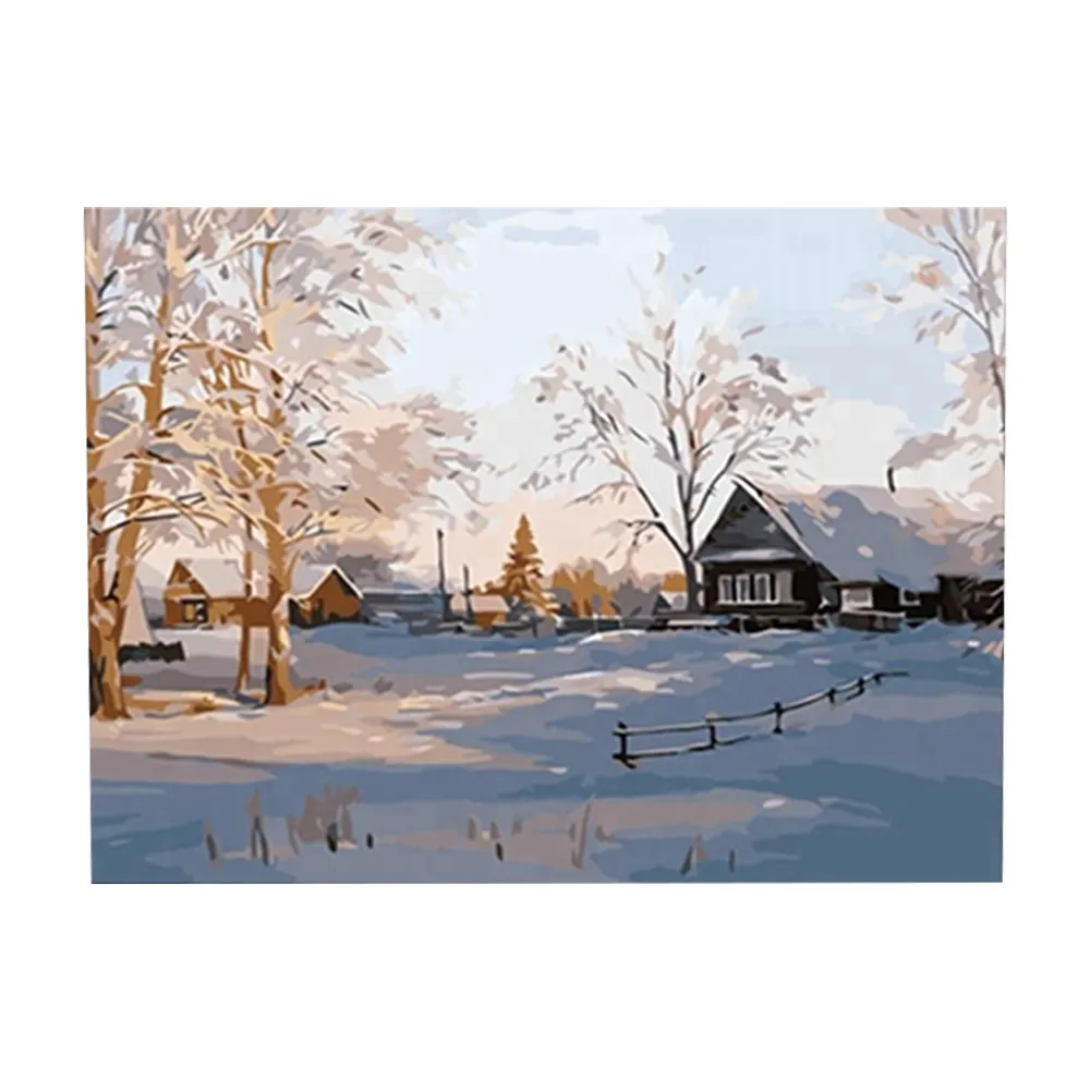 ナンバーキットによるロシアの冬の村の風景油絵