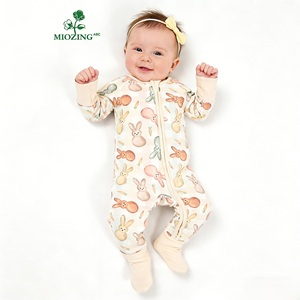 Baju Bayi Motif Kelinci Paskah Miozing Pastel Grosir Bahan Bambu Elastis Bernapas Romper Bayi Musim Panas Bambu - Product Image 1