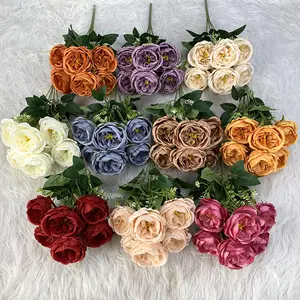 Yopin-1305 maços de rosas de casamento de seda artificial, 7 cabeças de seda, bolos de rosas austin para casamento