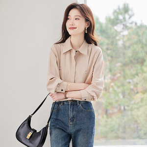 White Satin Long Sleeve Shirt For Women Work Solid Color Simple Design Polyester Fabric Q9961 - Product Image 2