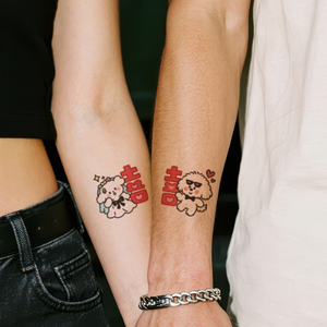 <span class=keywords><strong>Tatuaggi</strong></span> temporanei colorati adesivi adorabili cagnolino si sposano doppia felicità simpatico cartone animato tatuaggio impermeabile per la gamba del braccio del viso - Product Image 4