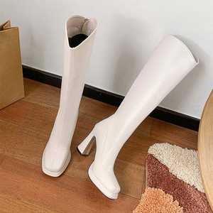 Bottes longues en cuir de haute qualité, chaussures tendance pour femmes, chaussures à bout pointu, chaussures à talons épais, chaussures décontractées d'extérieur - Product Image 3