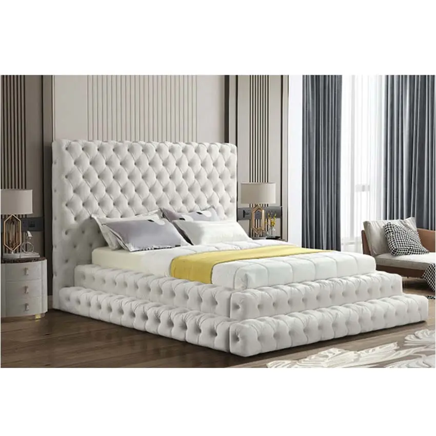 Win force Modern Home Furniture King Queen Bed with High Headboard Bedroom Furniture Velvet King Size Storage Bed