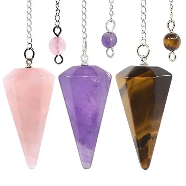 Pendules en pierres précieuses en cristal naturel Pendules à facettes avec chaîne en argent pour la méditation de divination spirituelle