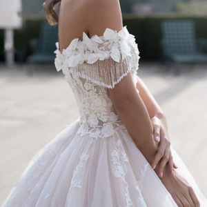 High Waisted V Neck Floral Ball Gown Wedding Dress With Straps Short Sleeve White Polyester JM001 - Product Image 2
