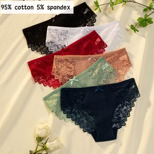 Set di 6 Pezzi di Mutandine da Donna in Cotone e Pizzo, Slip Brasiliani con Fiocco, Tessuto a Costine, Pizzo Trasparente sul Retro - Product Image 1