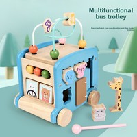 Boîte d'activités multifonctionnelle en bois à six faces pour l'apprentissage précoce, jouet éducatif Montessori en forme de bus pour enfants, jouets en bois