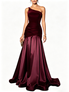 New Women One-Shoulder Floor-length Formal <b>Evening</b> GownElegant <b>Velvet</b> Patchwork Pleated High-low Party Maxi <b>Dresses</b> - Product Image 1