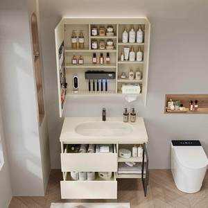 New white bathroom vanity hanging counter with LED mirror cabinet and soft closing storage drawers - Product Image 3