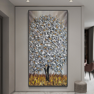 Tableau mural abstrait grand format, style européen, fait main et peint à la main, en acrylique sur toile, avec motif floral d'<span class=keywords><strong>arbre</strong></span> argenté, technique 3D à la spatule épaisse, entièrement peint. - Product Image 5