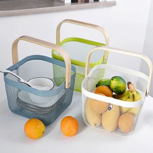 Multiple Colors Multifunctional <b>Mesh</b> Metal Wire Hanging Kitchen <b>Storage</b> Organizer <b>Basket</b> with Bamboo Handle - Product Image 5