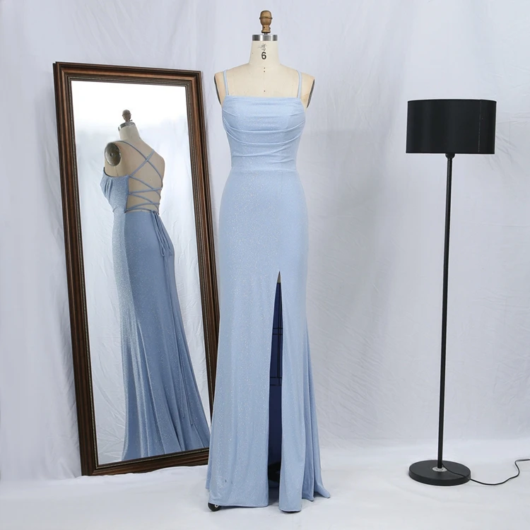 bridesmaid 2023 blue sparkle knitted jersey Floor Length Women Lace Up Back Long Evening Gown Prom Dress