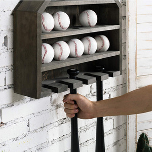 Estante de béisbol para montar en la pared, estante de almacenamiento de varios niveles de madera maciza para bates y pelotas, color retro - Product Image 2