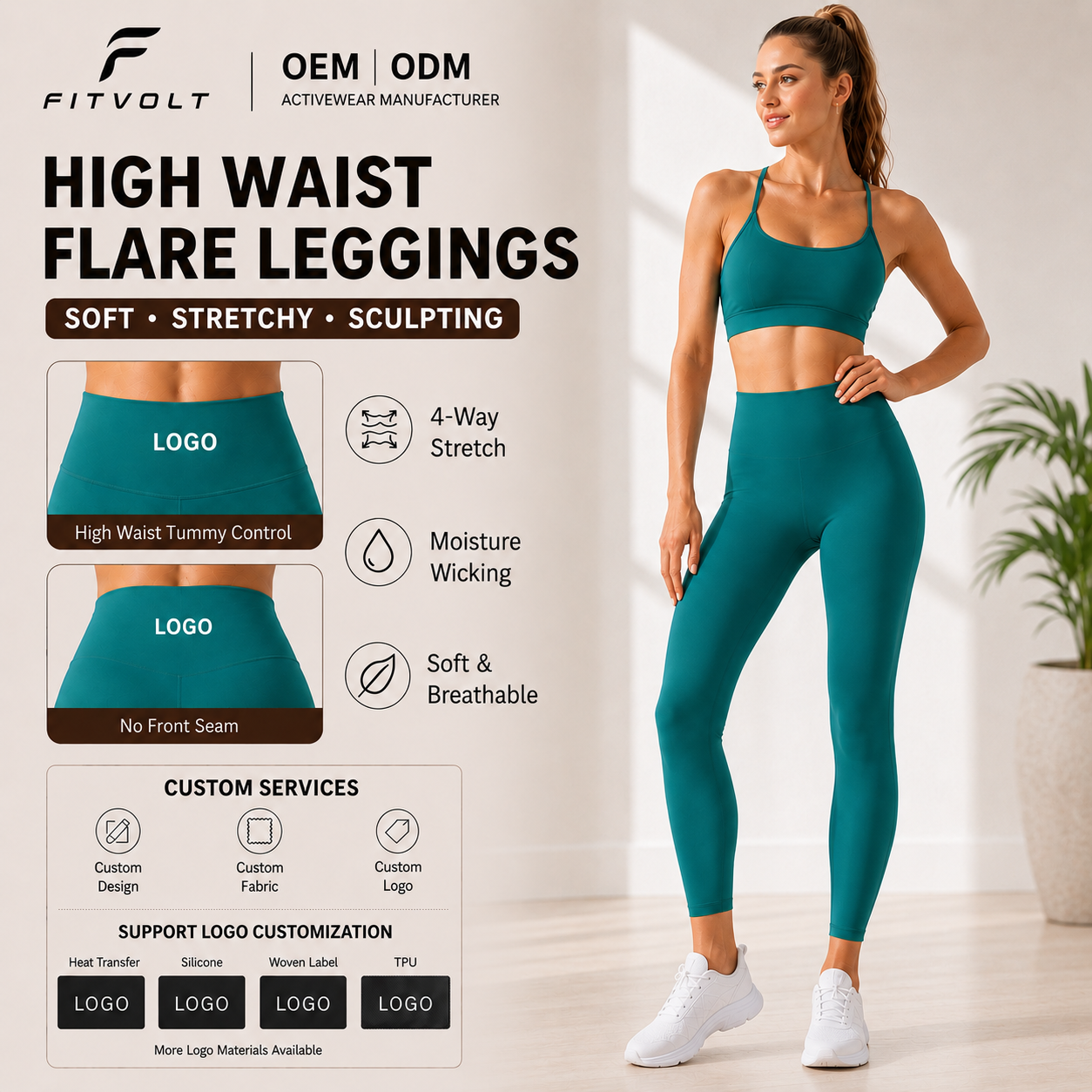 FITVOLT Women's Solid High-Waisted Full-Length Compression Yoga Leggings Breathable Tummy Control Spandex/Nylon ODM Wholesale