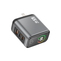 Chargeur mural GaN 65W avec prise US, charge rapide PD, 2 ports Type-C, 1 port USB-A, avec écran numérique intelligent TFT, adaptateur pour téléphone portable, écouteurs