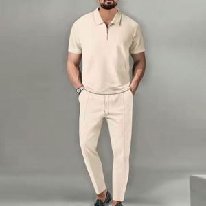 I-0497 Ensemble d'été deux pièces pour homme, style streetwear formel, écologique, couleur unie, col montant, manches courtes, fermeture éclair - Product Image 2