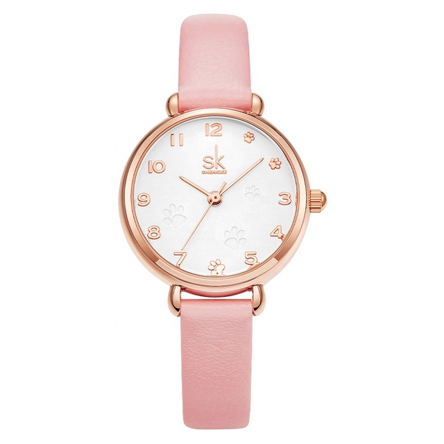 SHENGKE Cute Watch Women Cat's Paw Design Minimalist Ladies Leather Strap Women Watches Green/Pink Color for Girlfriend Gift