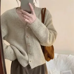 Custom plush cardigan women s sweater V-neck soft solid color single-breasted golden button cardigan women's