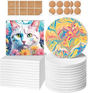 Sous-verres vierges non émaillés carreaux blancs avec 24 tampons de support en liège pour encre à alcool, peinture, coulée acrylique, bricolage, projets artistiques - Product Image 1