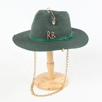 Chapeau Bob Rétro en Papier Tressé et Raphia Rayé pour Femme avec Broche Métallique, Anneau et Chaîne, Sangle Mentonnière, Idéal Voyage et Décontracté