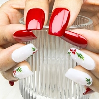 Dibujado a mano rojo festivo corto cuadrado usable nail art puro hecho a mano a presión las uñas se pueden reutilizar