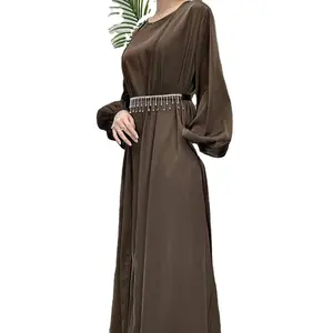2024 cinturón de diamantes de imitación abrigo de satén para mujer elegante y noble túnica malaya de Oriente Medio Abaya grande