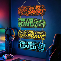 Décoration Murale en Bois Thème Console de Jeu Néon Cartoon, Décoration Murale Inspirante en Anglais pour Salle E-sport