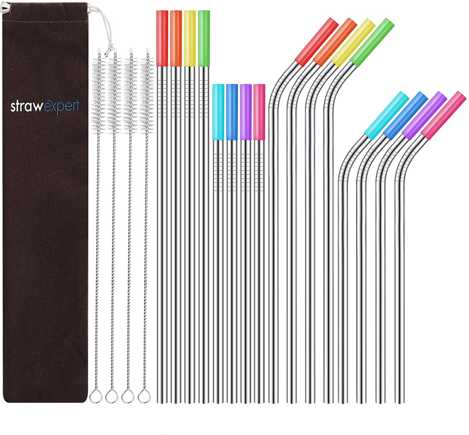 Reusable stainless Steel Straws with Travel Case Cleaning Brush Silicone Tips Eco Friendly Extra Long Metal Straws Drinking