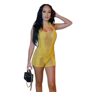 Summer New Women's Clothing Sexy Cutout Sheath Low-neck Closed-fitting Knitted High Waist Casual One-piece Shorts - Product Image 5