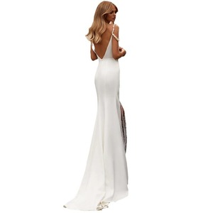 White V-neck Backless Satin Sheath Wedding Dress With High Slit Natural Waistline - Product Image 4