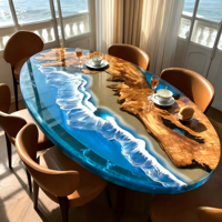 Table à manger en résine époxy artisanale sur mesure, bord naturel, motif vague océanique, pour bar à domicile, villa, maison de bord de mer, hôtel