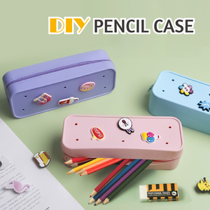 DIY Pencil case with different shape charms large capacity silicone pencil case kids DIY pencil case match cute charm blue color - Product Image 1