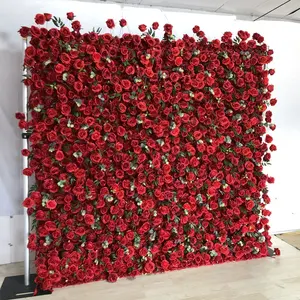 KE-WA016 vente en gros de fleurs artificielles roses toile de fond murale 8ft x 8ft roll up rose fleurs murales panneau mural pour la décoration de mariage