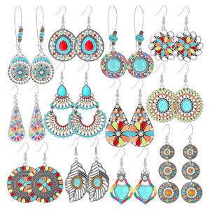 Pendientes Colgantes Boho de Moda para Mujer, con Turquesa y Aleación, Diseño Floral, Joyería de Fiesta, Engaste de Bisel de Plata Tibetana - Product Image 1