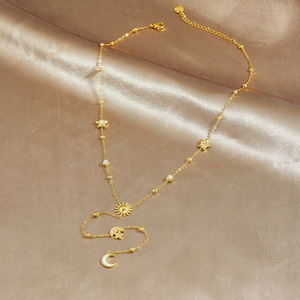 Fashion Simple Inlaid Stainless Steel 18k Gold Plated Moon Star Pendant Y-shaped <b>Long</b> Tassel Clavicle Chain <b>Necklace</b> - Product Image 2