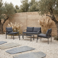 Ensemble de conversation de patio moderne en aluminium gris foncé, 4 pièces, avec table basse en verre trempé, coussins imperméables