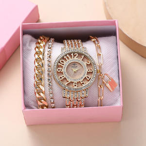 Mode Hip Hop glacé Bracelet à maillons cubain grand cadran montre-Bracelet en acier montre à Quartz et Bracelet ensemble cadeau pour femmes - Product Image 3