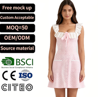 Robe mini rose à carreaux pour femme, col carré, volants, nœud sur le devant, sans manches, coupe trapèze, été, personnalisable OEM ODM, vente en gros