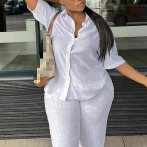 Women's Solid Color Lapel Short Sleeve Shirt Loose Top Long <b>Pants</b> African New 2 Piece Set Fashion - Product Image 2