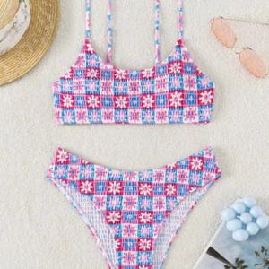 Conjunto de Bikini de 2 Piezas con Logotipo Personalizado en 3D, Top Corto sin Mangas con Tirantes, Pantalones Cortos con Lazos Laterales, Traje de Baño Estampado para Mujer - Product Image 2