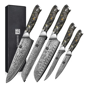 ألياف الكربون + مقبض رقائق ذهبية دمشق الشيف الياباني سانتوكو طقم سكاكين مطبخ أسود مقبض راتنج داماست - Product Image 1