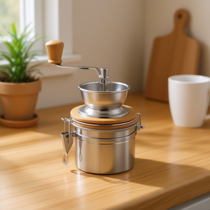 Molinillo de café manual de acero inoxidable con mango de madera y recipiente de almacenamiento para moler café fresco en casa o para viajar - Product Image 3