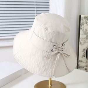 2025 Spring Summer New Solid Color Simple Wide Brim Bucket <b>Hat</b> Women Breathable Bow Design Travel Sunshade <b>Hat</b> - Product Image 2