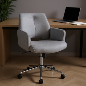 Sedia da Ufficio Regolabile con Braccioli, Schienale Medio Traforato, in Pelle PU Grigia, Base Girevole Cromata, Design Contemporaneo - Product Image 2