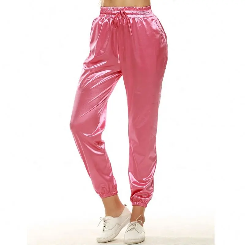 Pink Skinny Pants Women High Waist Joggers Sweat Pants Casual Ladies Stretch Drawstring Shiny Satin Pants
