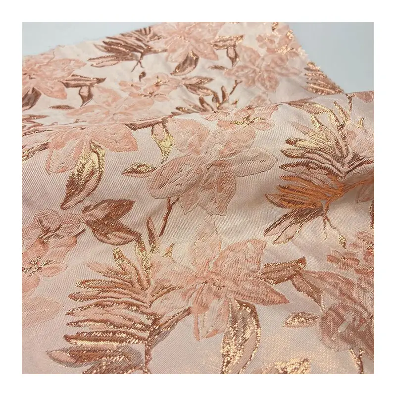 New Style Custom 60%Polyester 25%Lurex 15%Nylon 130gsm Pink Golden Silk Metallic Woven Brocade Jacquard Fabric For Women Clothes