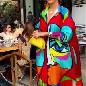 Vestido Largo Musulmán <span class=keywords><strong>Abaya</strong></span> Nuevo Modelo 2023, Estampado a Color, Manga Larga, Holgado, con un Solo Botón, para Mujer, Estilo Playa, en Dubái - Product Image 1